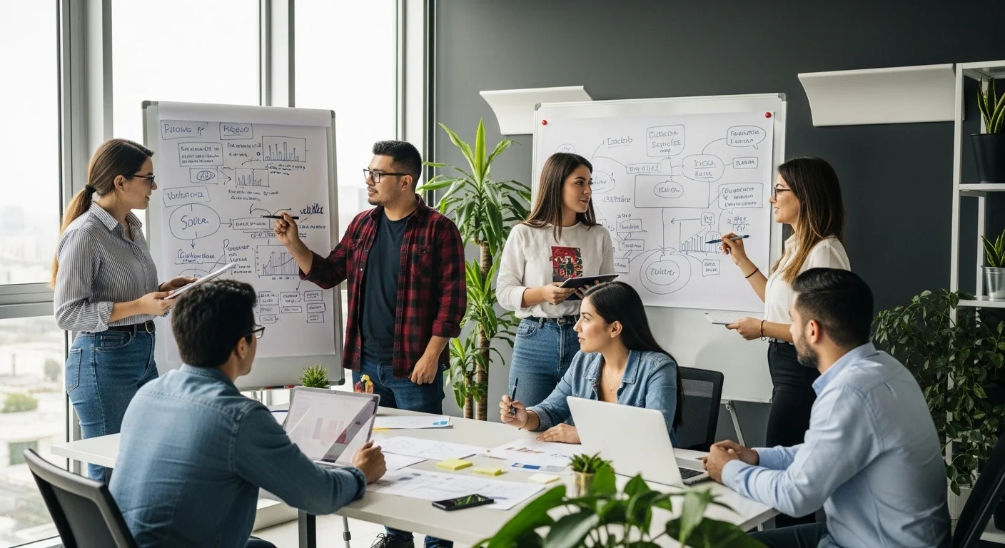 Equipo de una startup mexicana trabajando colaborativamente en una oficina moderna, con pizarrones llenos de diagramas tecnológicos y de negocio.