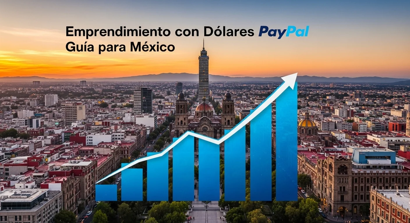 Gráfica de crecimiento ascendente sobre una imagen de la Ciudad de México, representando el éxito de las startups mexicanas y la inversión.