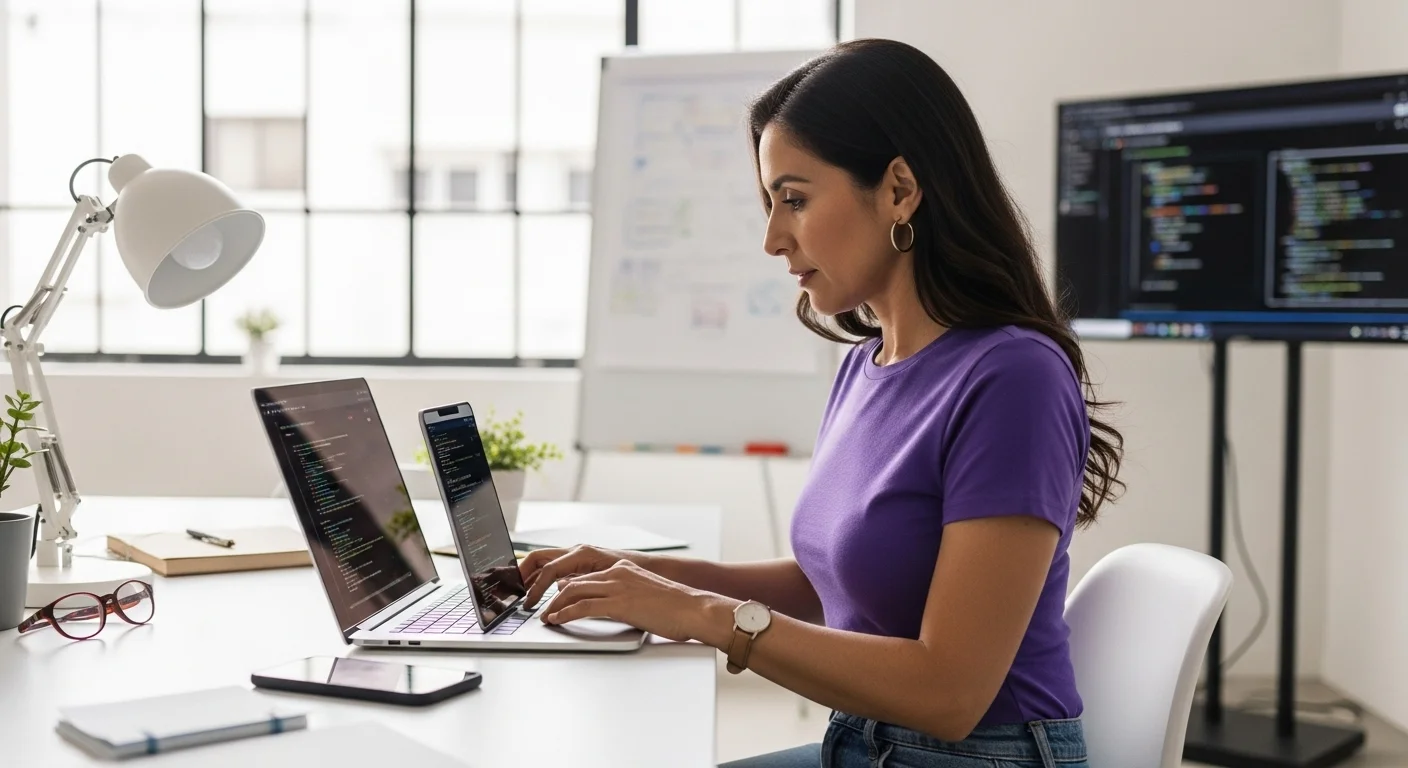 Programadora en una empresa mexicana implementando código de seguridad en una aplicación, representando el desarrollo de startups y patentes.