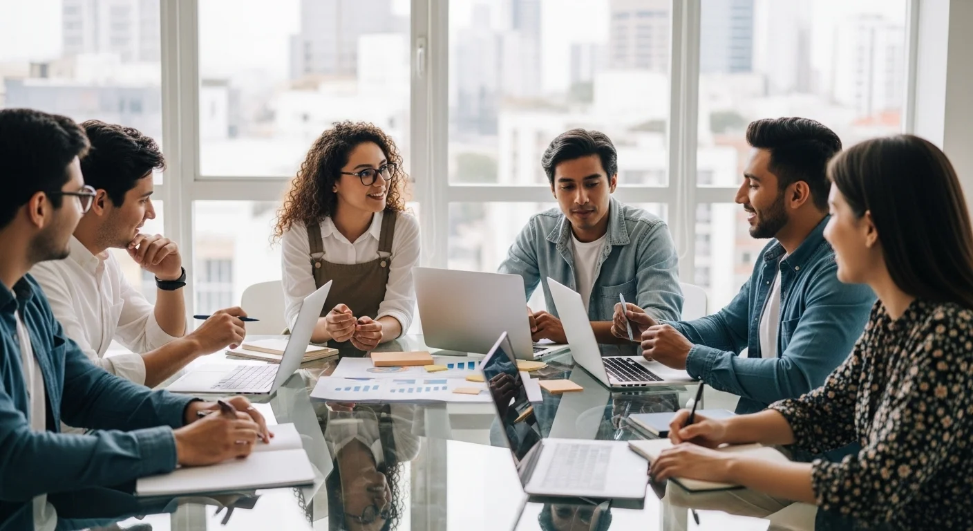Grupo de emprendedores colaborando en un espacio de coworking, simbolizando el ecosistema de startups y aceleradoras en México