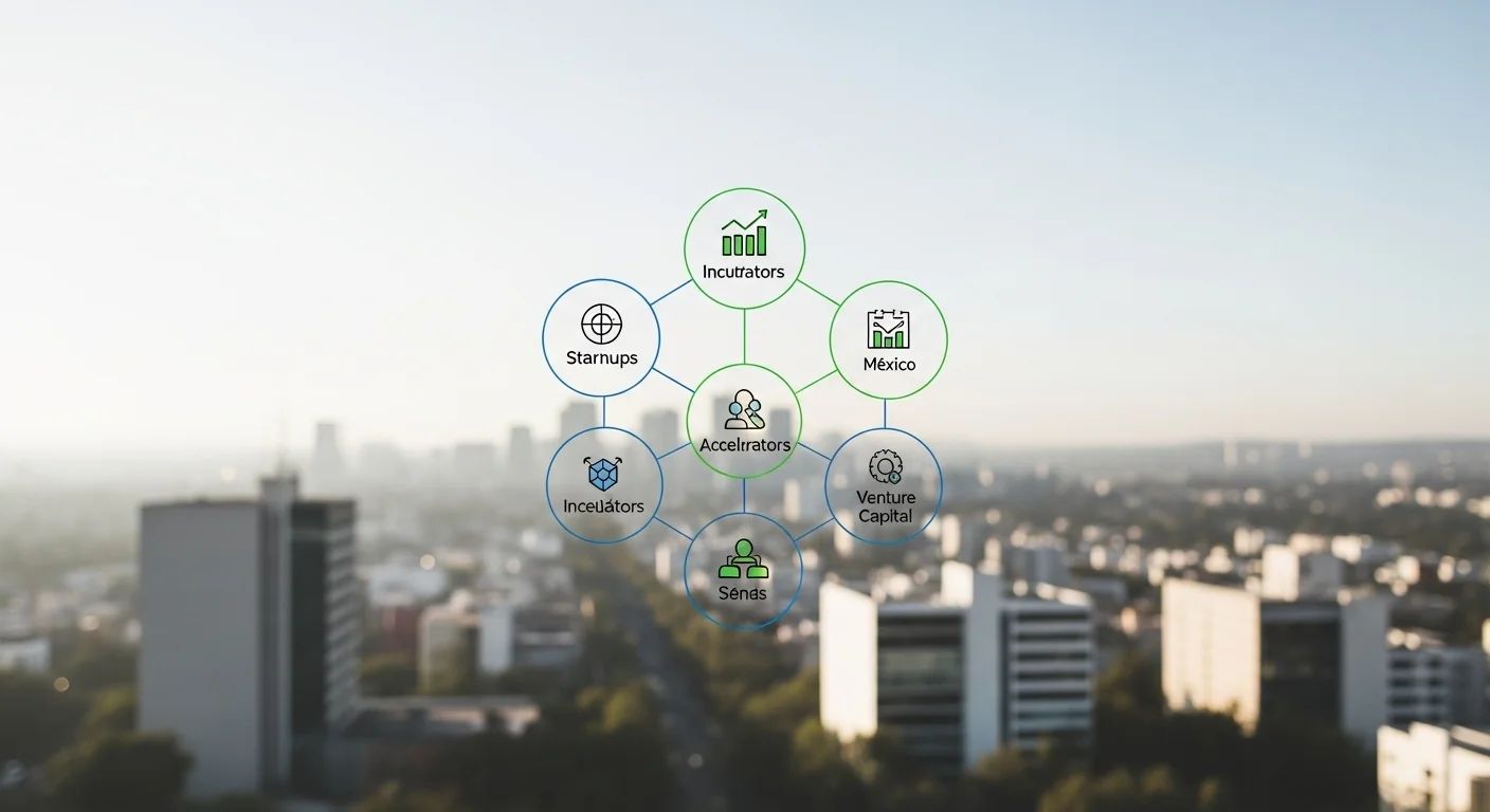 Un gráfico que muestra la interconexión entre startups, incubadoras, aceleradoras y fondos de venture capital en el ecosistema de emprendimiento de México.
