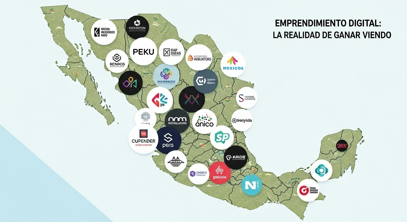 Un collage de logos de startups, aceleradoras e incubadoras mexicanas sobre un mapa de México, representando el vibrante ecosistema de emprendimiento del país.