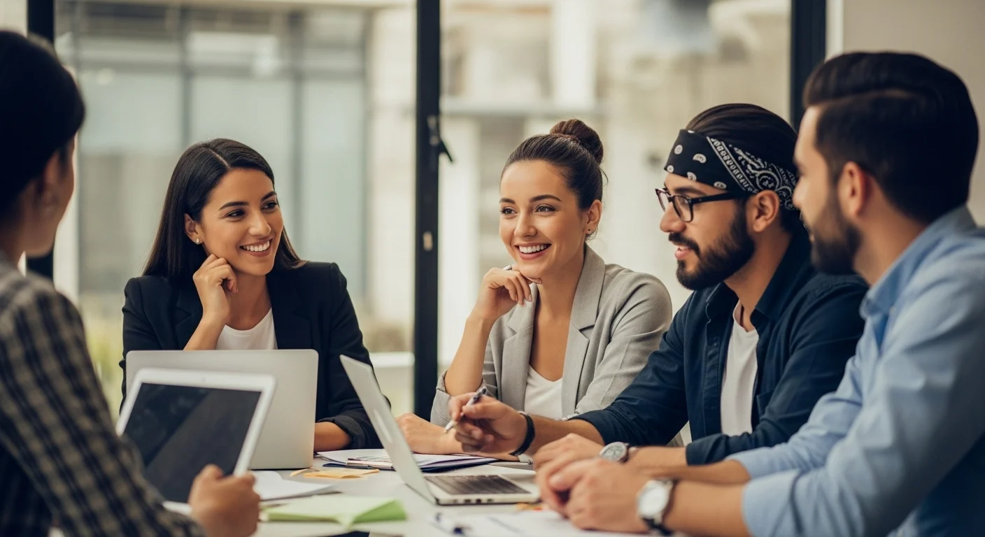 Un grupo diverso de emprendedores mexicanos en una reunión de estrategia, discutiendo el crecimiento de su startup y las opciones de financiamiento.