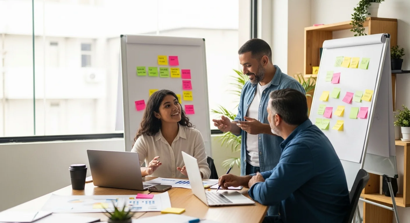 Equipo de una startup mexicana en una oficina creativa, discutiendo estrategias de crecimiento y patentes.
