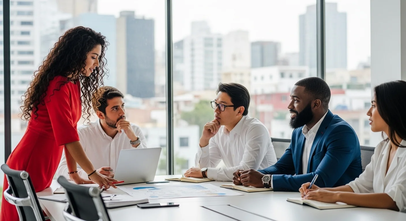 Equipo diverso de una startup mexicana colaborando en una oficina moderna, representando el crecimiento y la formalización de un proyecto de emprendimiento.