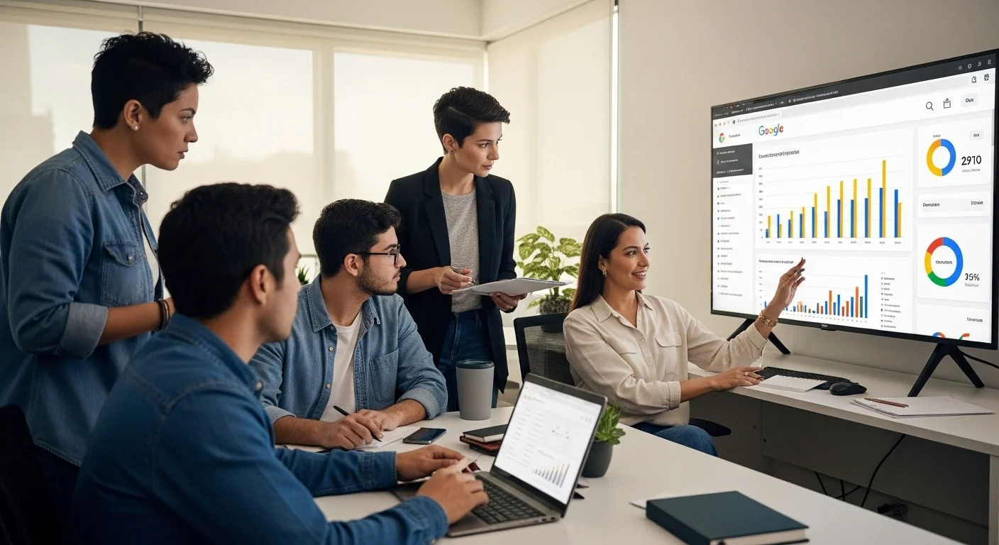 Equipo de una startup mexicana en una junta, analizando métricas de Google Analytics en una pantalla grande.