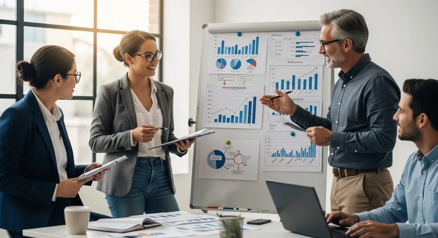 Un equipo de una startup mexicana colaborando frente a una pizarra con gráficos de crecimiento y estrategias digitales, enfocados en el ingreso.