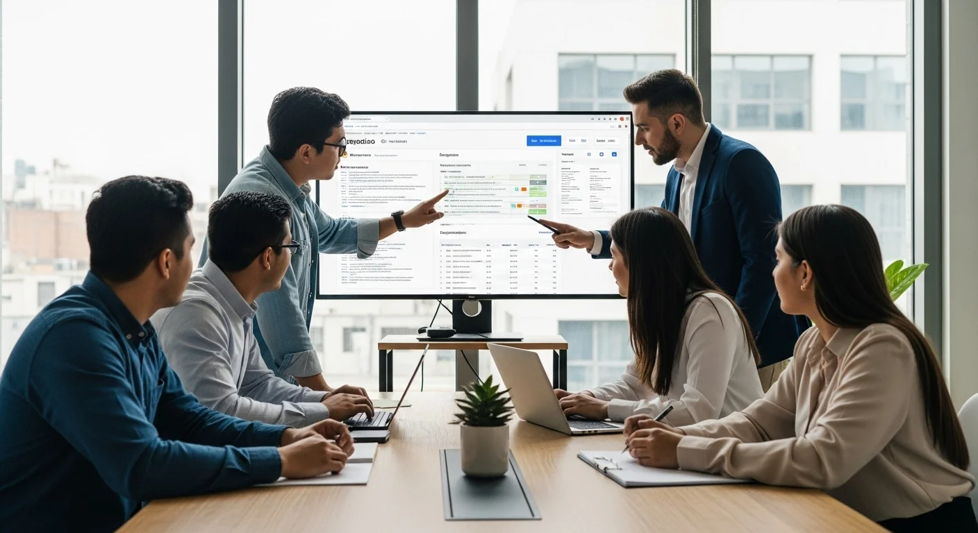 Un equipo de jóvenes emprendedores en una oficina moderna en México, colaborando alrededor de una pantalla que muestra análisis de palabras clave y datos de SEO.