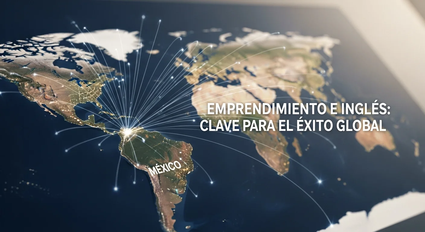 Mapa del mundo con conexiones partiendo de México, ilustrando la expansión internacional de una startup mexicana gracias al dominio del inglés.