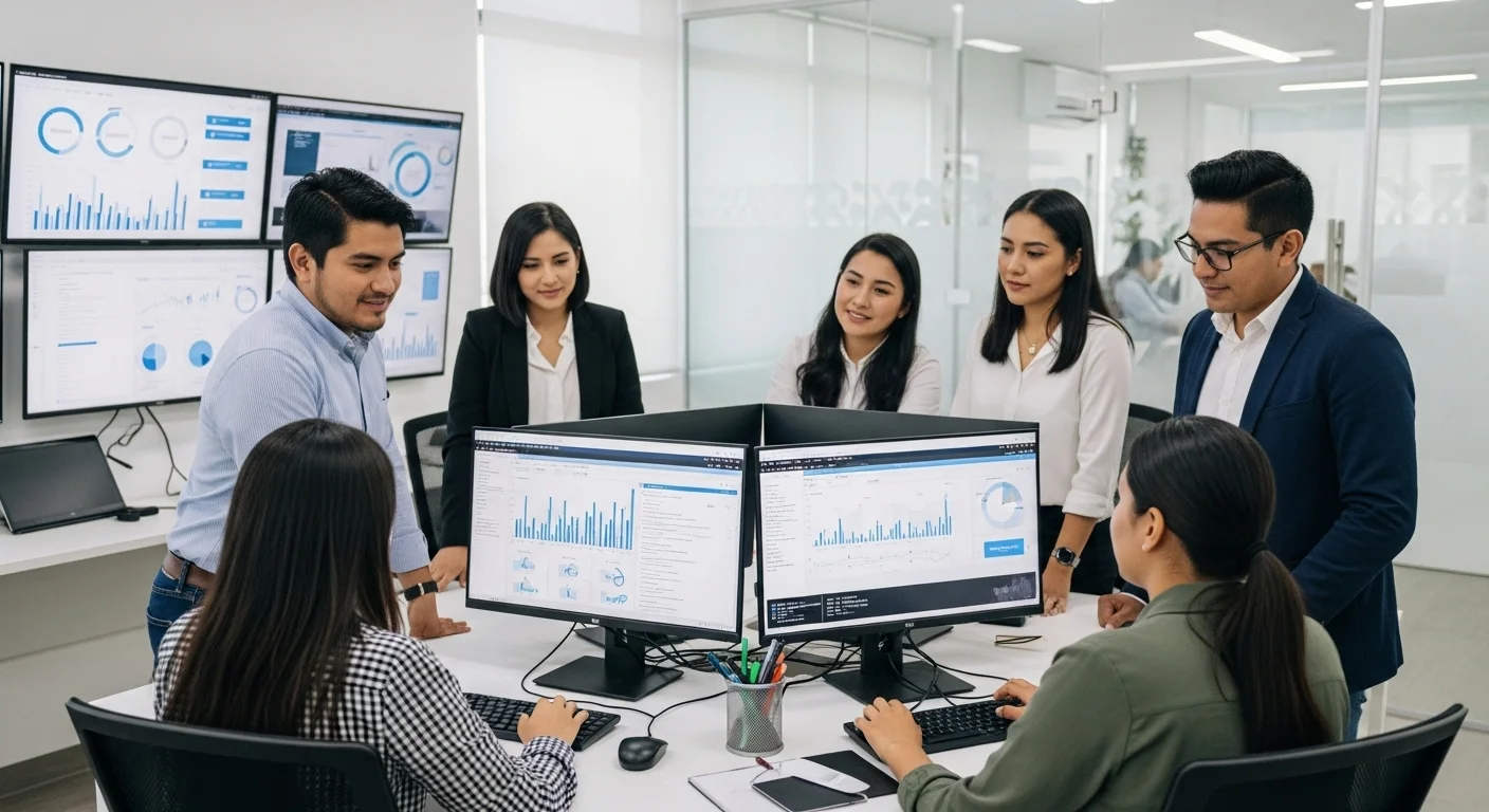 Equipo de una startup mexicana trabajando colaborativamente en una oficina moderna, con pantallas mostrando datos y gráficos, representando el desarrollo en la banca fintech.