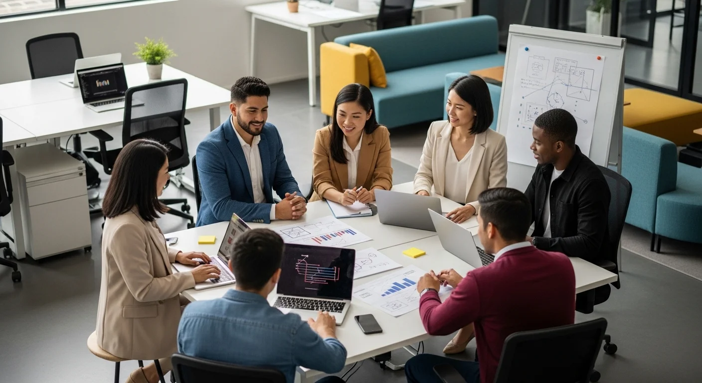 Equipo de una startup mexicana en una oficina moderna, colaborando en una estrategia para alcanzar mercados internacionales y ganar dinero en dolares