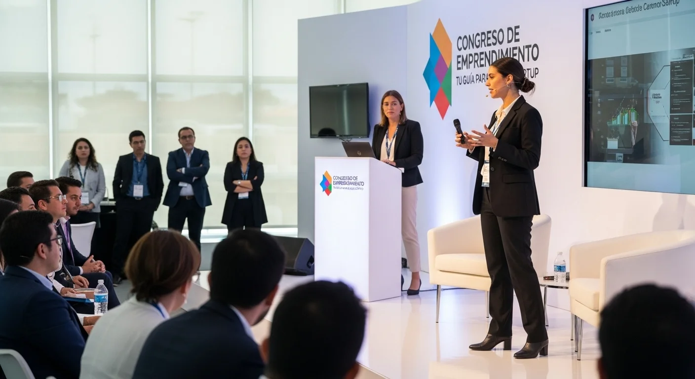 Fundadora de una startup mexicana presentando su pitch en el escenario de un congreso de emprendimiento ante inversores.