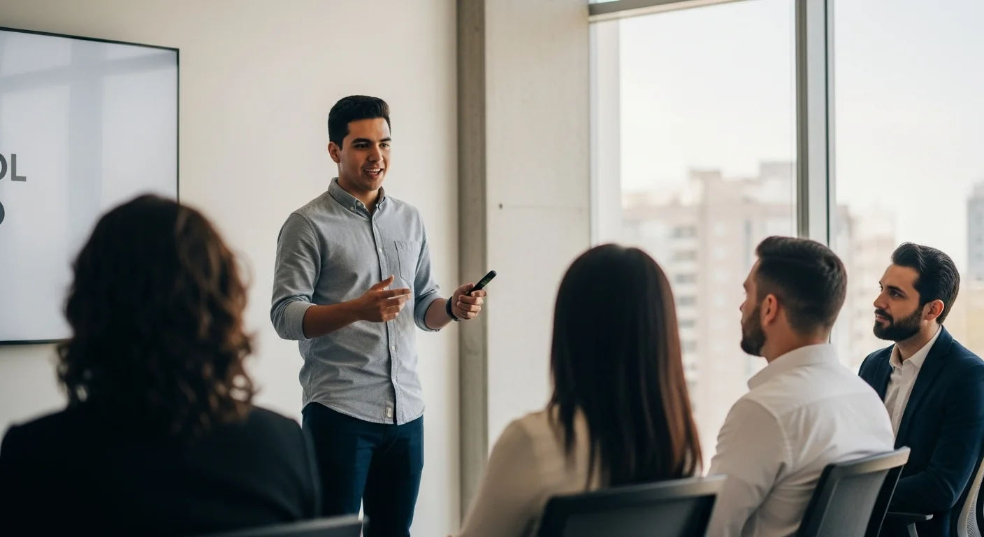 Fundador de una startup mexicana presentando su pitch de negocio a un grupo de inversionistas de capital de riesgo.
