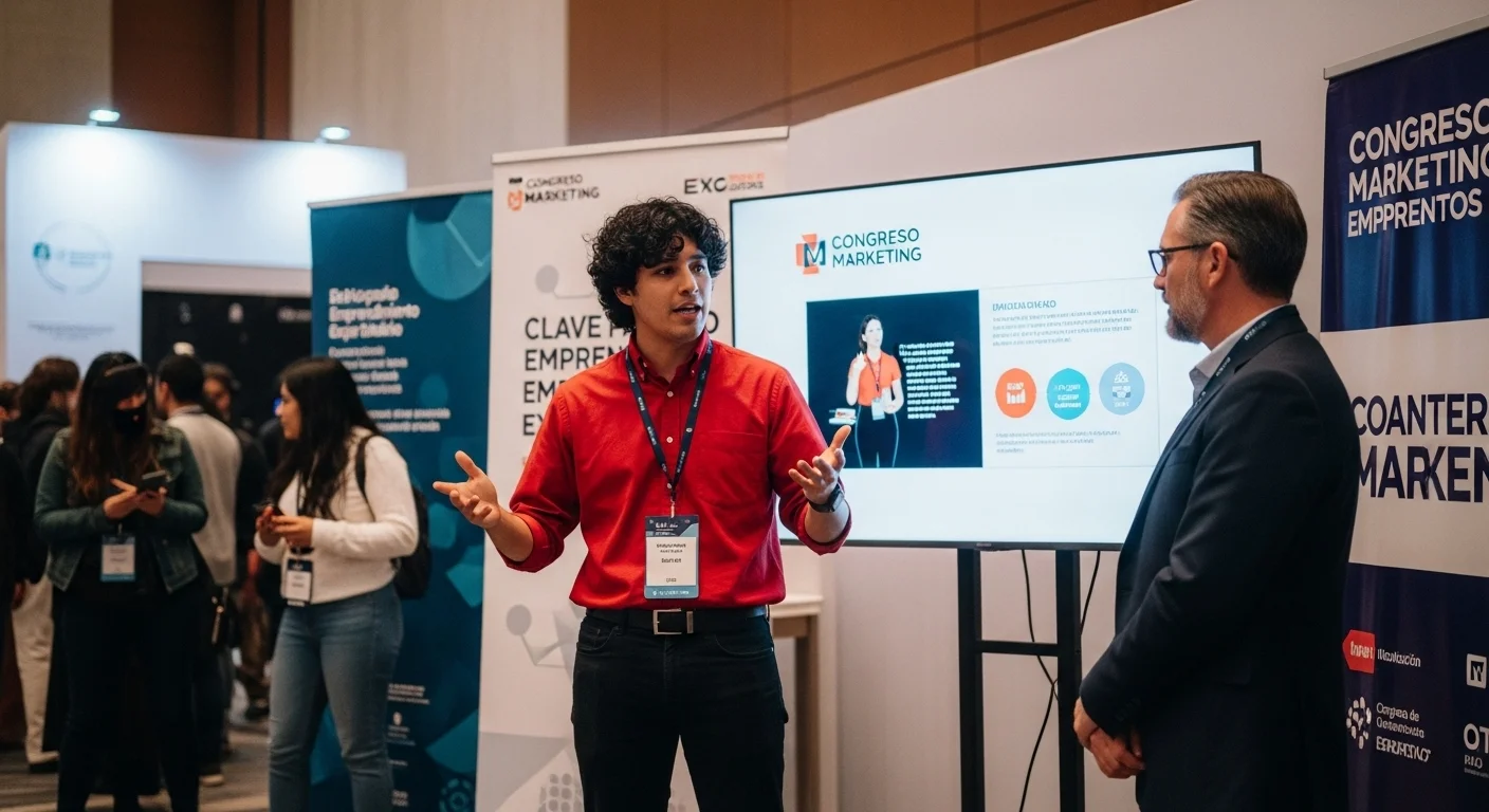 Fundador de una startup mexicana presentando su pitch de negocio a un inversor en un evento de emprendimiento.