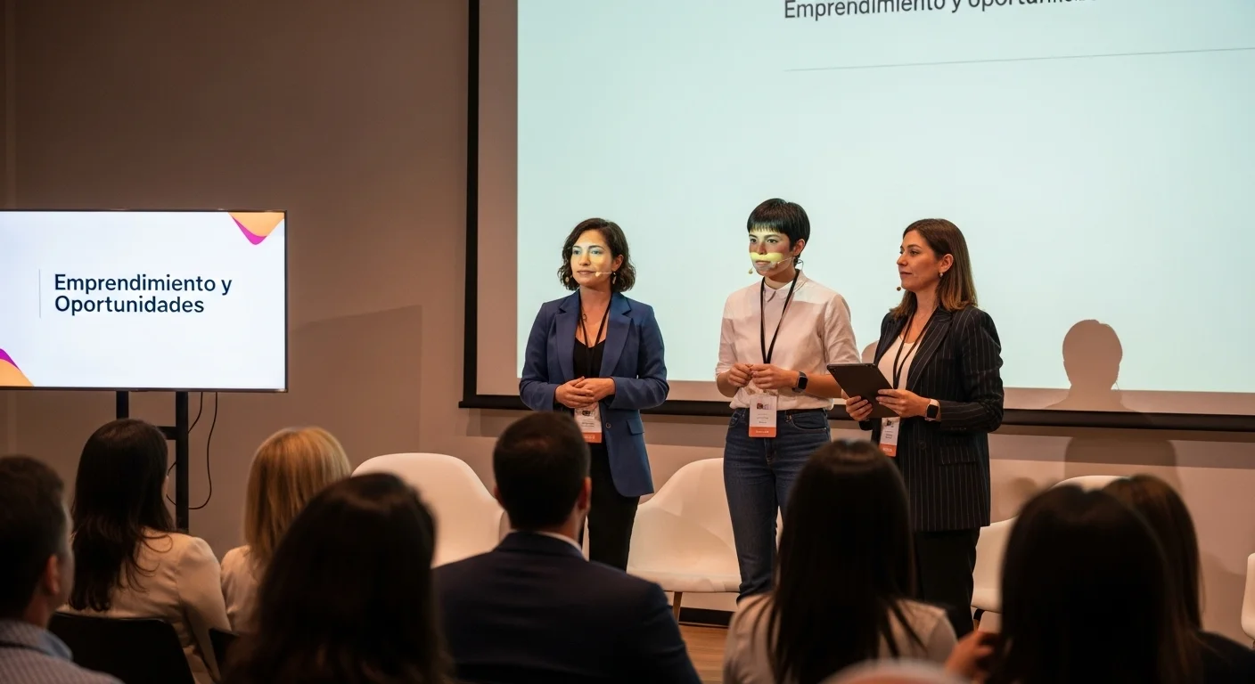 Fundadores de una startup mexicana presentando su pitch de negocios a un grupo de inversores en una competencia.