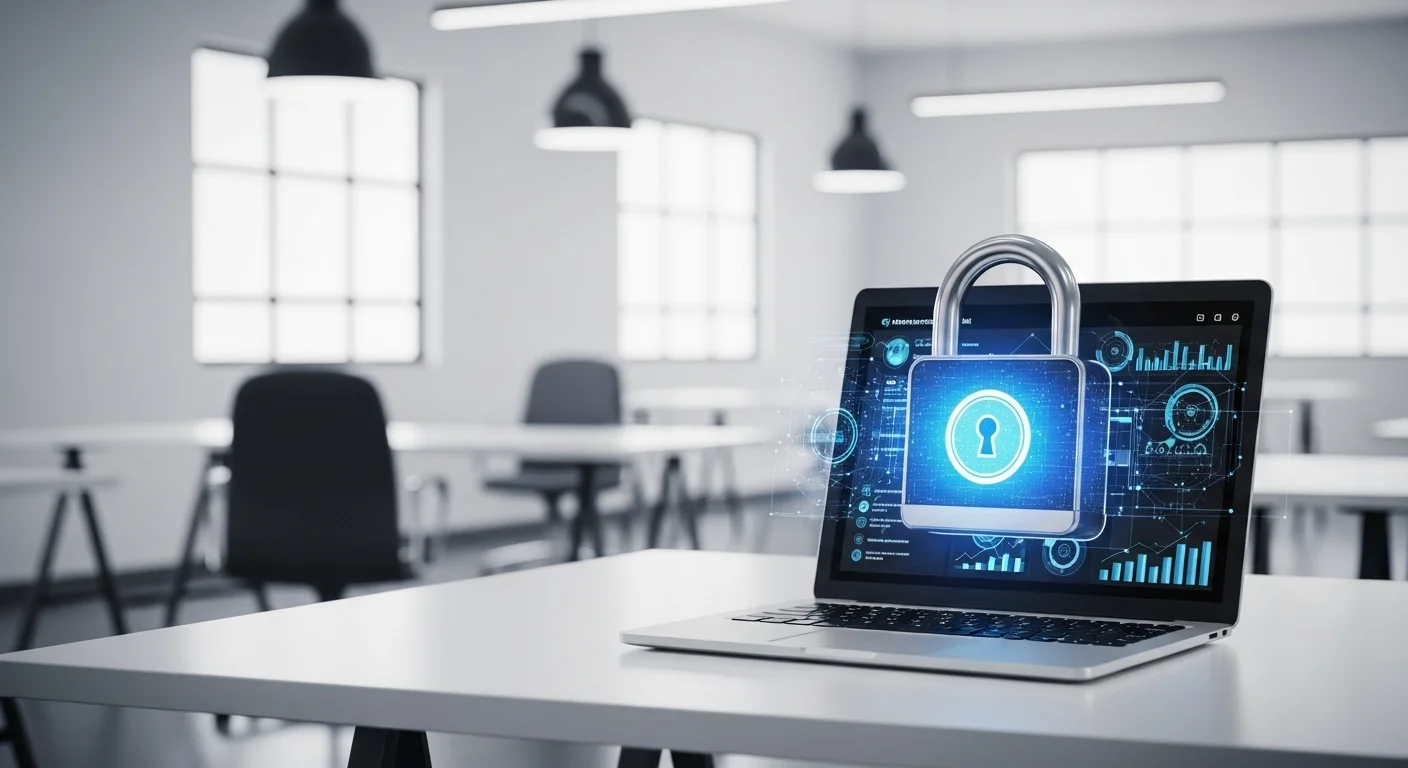 Un candado digital protegiendo una laptop en un escritorio de una startup en México, simbolizando la ciberseguridad y protección de datos personales.