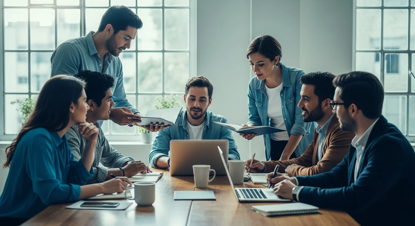 Equipo de una startup mexicana en una reunión de trabajo, discutiendo estrategias de crecimiento y financiamiento.