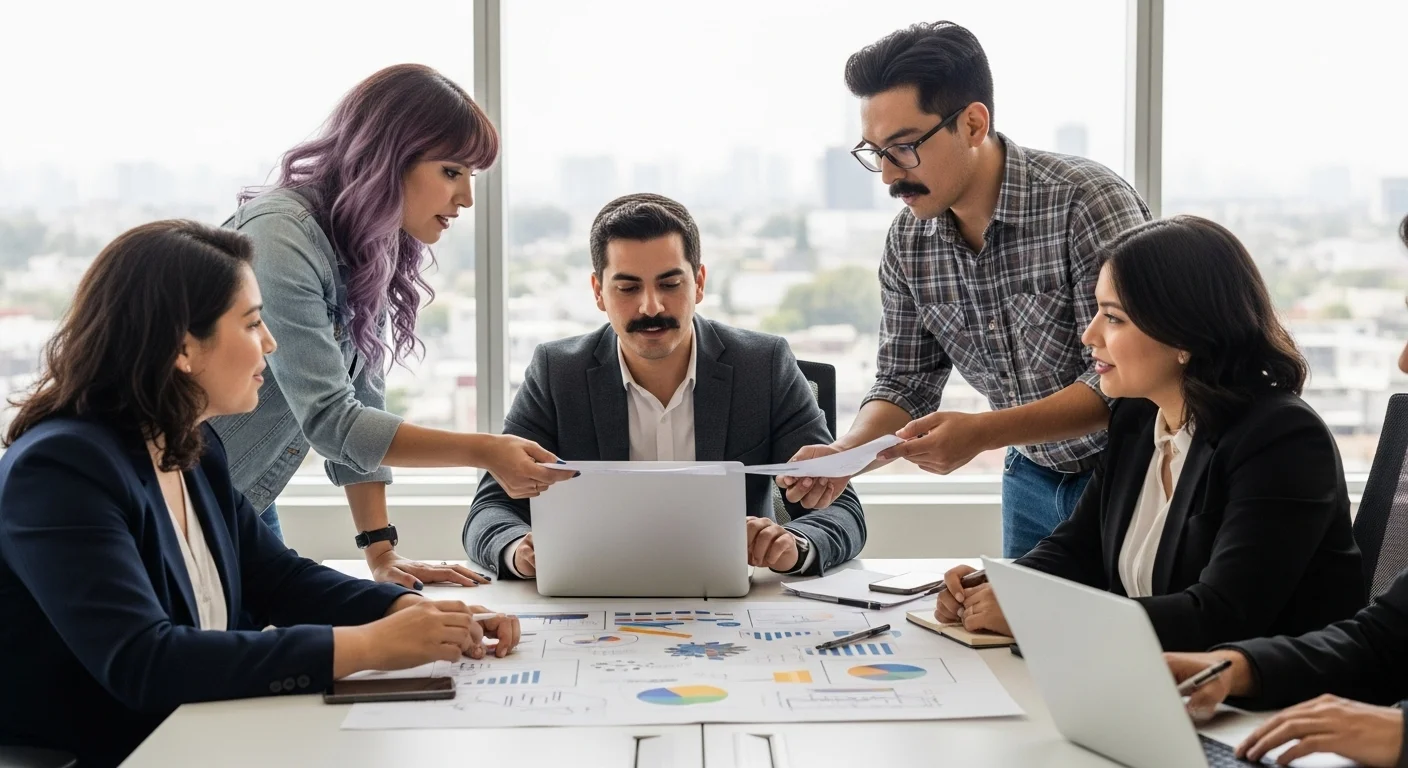 Equipo de una startup mexicana en una junta de estrategia discutiendo modelos de negocio, patentes y marcas.