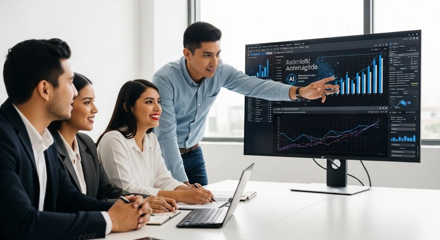 Equipo de una startup mexicana en una sala de juntas discutiendo una estrategia, con un monitor mostrando análisis de datos generados por inteligencia artificial.
