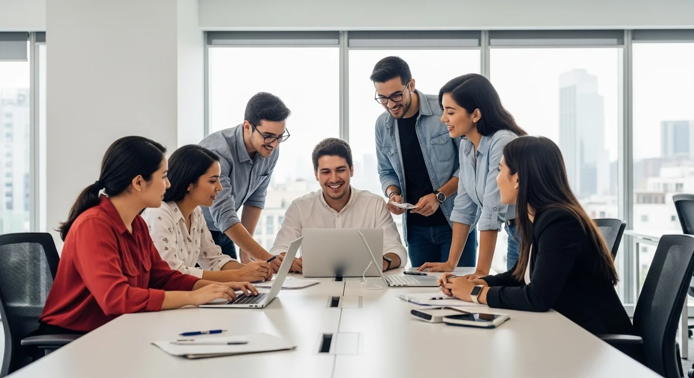 Equipo de una startup de tecnología en México discutiendo un proyecto en una oficina moderna, representando la innovación y el auge de sectores como fintech y healthtech en 2020.