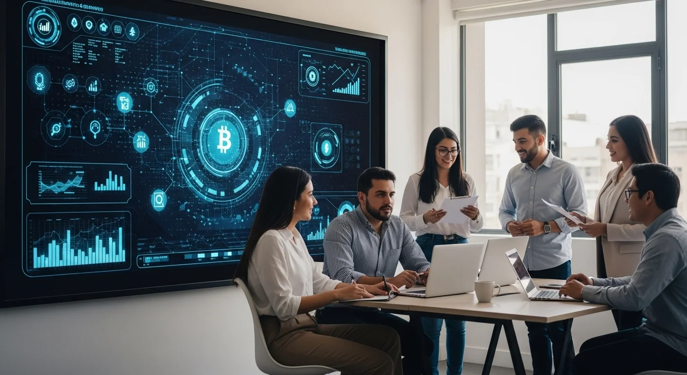 Equipo de una startup mexicana colaborando en una oficina moderna, con gráficos de datos y tecnología en el fondo, simbolizando la innovación.