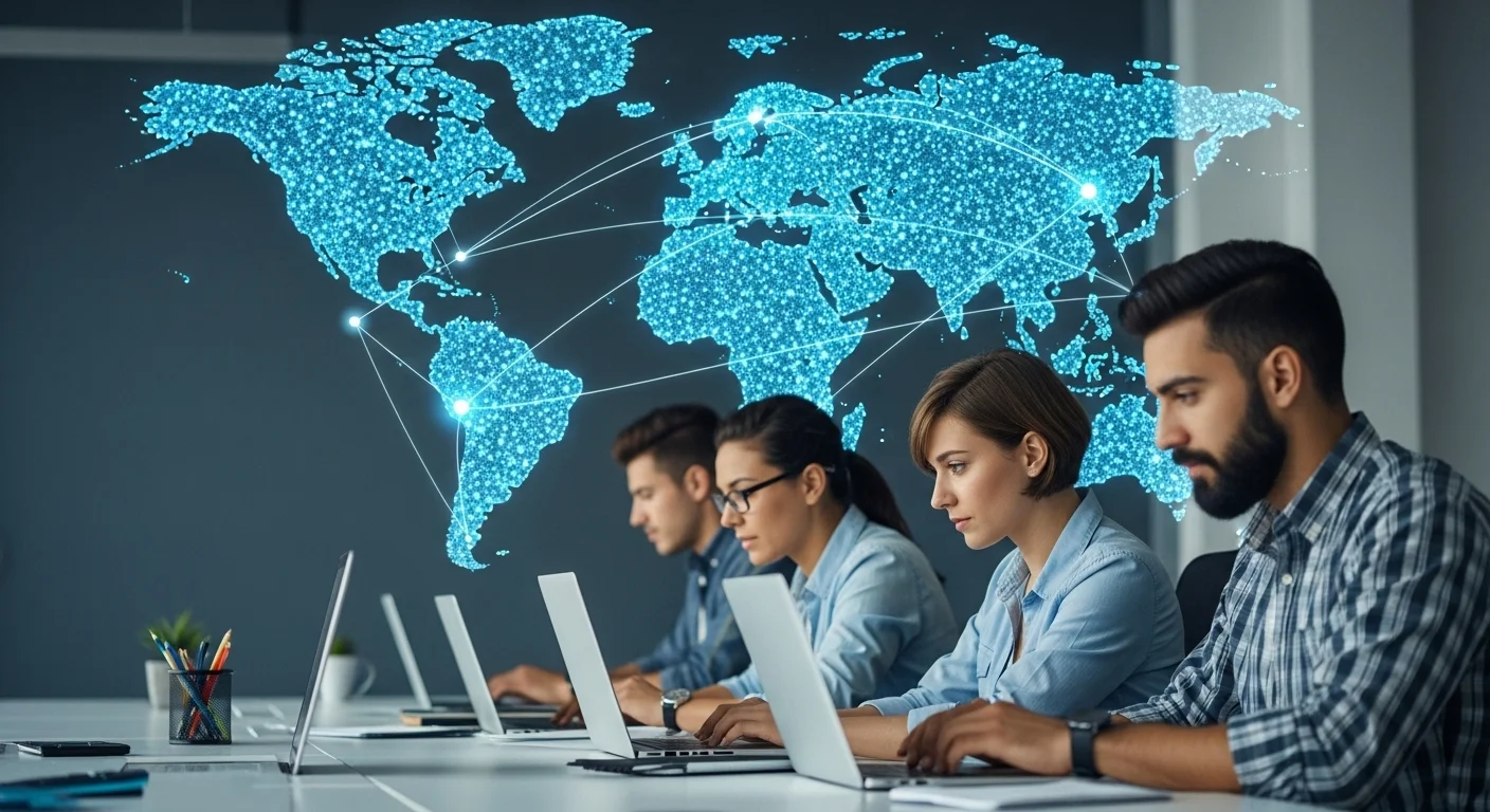 Equipo de una startup mexicana trabajando en computadoras, con un mapa del mundo digital en el fondo, simbolizando la expansión global.