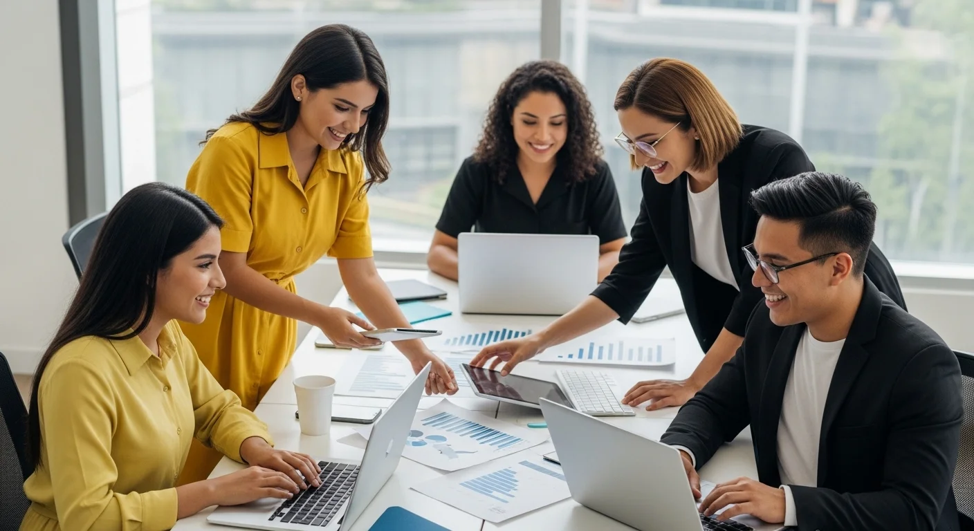 Equipo de una startup mexicana diversa trabajando en una oficina moderna, reflejando innovación y colaboración.