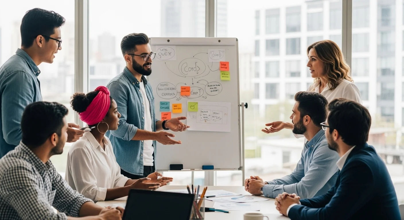 Un equipo diverso de una startup mexicana colaborando en una oficina moderna, discutiendo ideas frente a una pizarra blanca, representando la psicología de equipos de alto rendimiento.