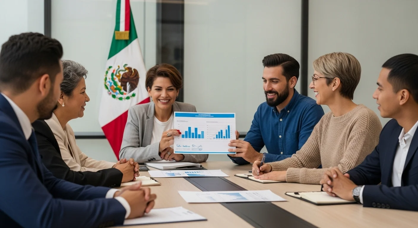 Equipo de una startup mexicana en una reunión con inversionistas, discutiendo las ayudas para mujeres y jovenes emprendedores.