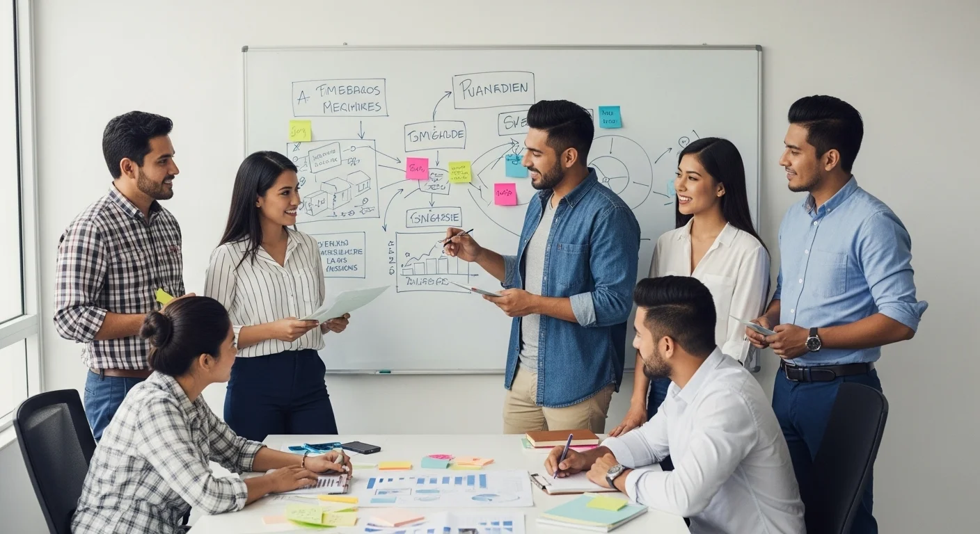 Foto de un equipo de una startup mexicana en una reunión de trabajo, discutiendo ideas frente a una pizarra blanca llena de diagramas y notas, simbolizando el proceso de creación y estrategia empresarial.