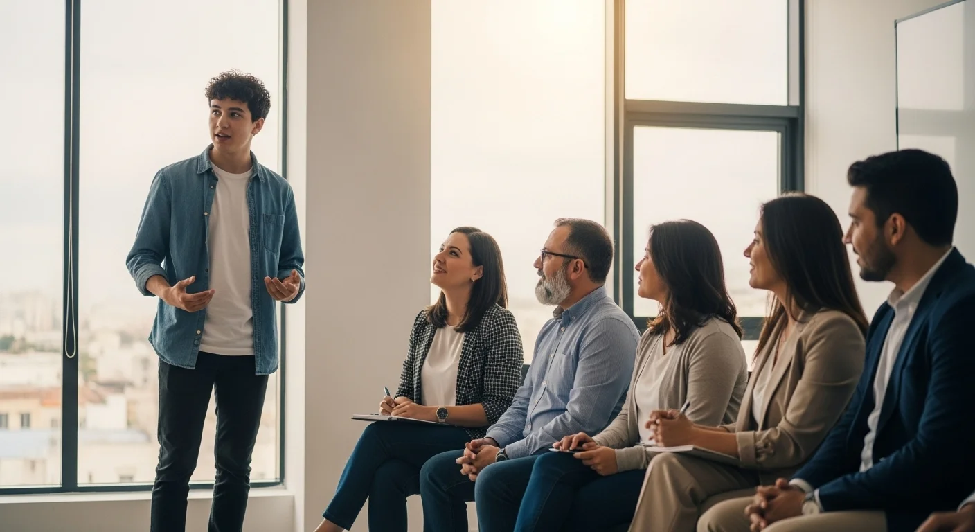 Joven estudiante presentando su proyecto de startup a un grupo de mentores en un evento de emprendimiento en México.