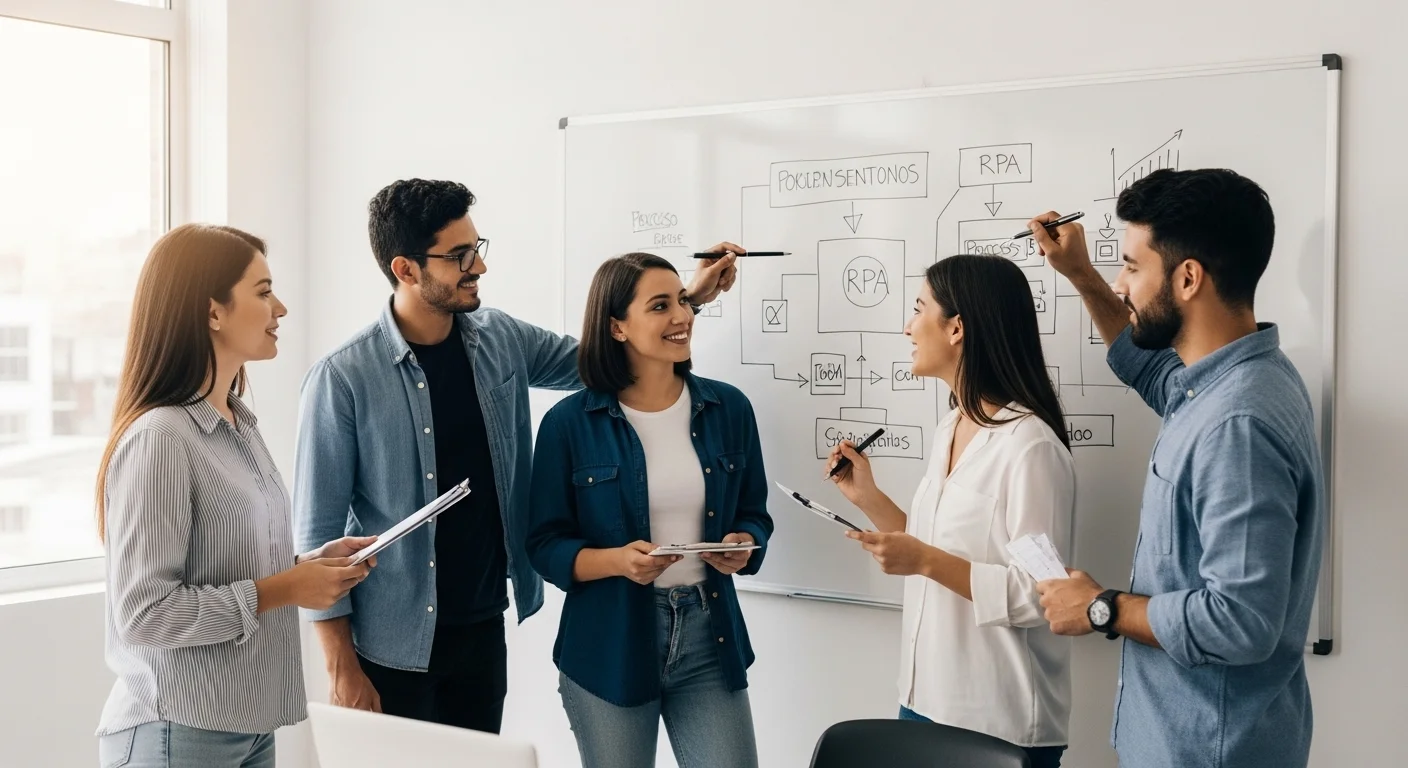 Equipo de una startup en México colaborando en una pizarra, diseñando un proceso de rpa para optimizar operaciones
