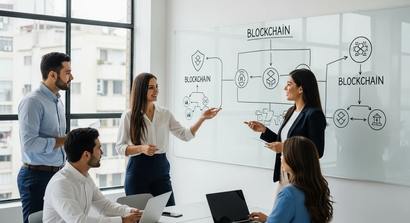 Equipo de una startup en México colaborando en una oficina moderna, con diagramas de flujo de blockchain y seguridad informática en una pizarra, representando el trabajo en equipo y la innovación.