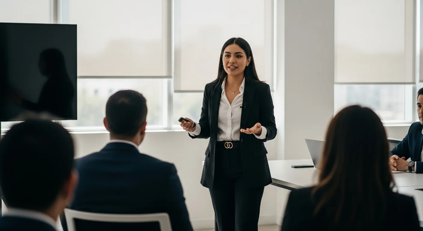 Emprendedora mexicana presentando su pitch en una competencia para ganar dinero gratis y financiamiento para su proyecto de emprendimiento.