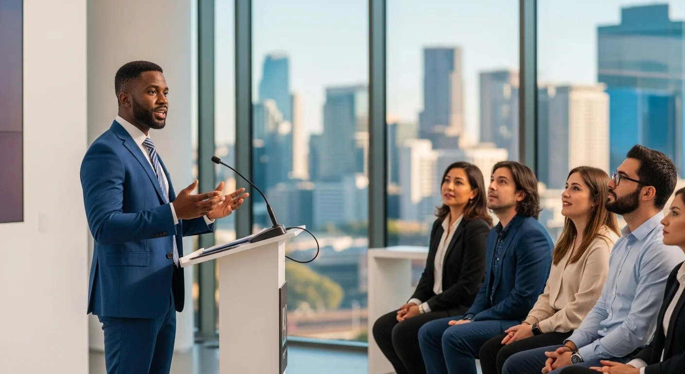 Fundador de una startup presentando su pitch de negocios frente a inversionistas en un escenario de un congreso internacional de tecnología.