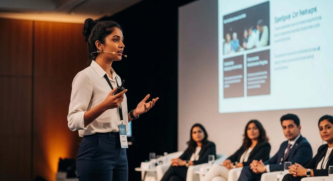 Una emprendedora presentando su pitch de startup en el escenario de un gran congreso, frente a un panel de jueces e inversores.