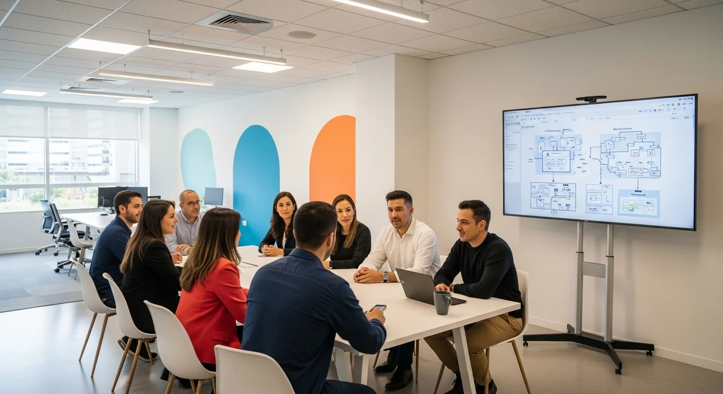 Equipo de una startup mexicana de healthtech colaborando en una oficina moderna, discutiendo sobre el desarrollo de su plataforma de salud mental.