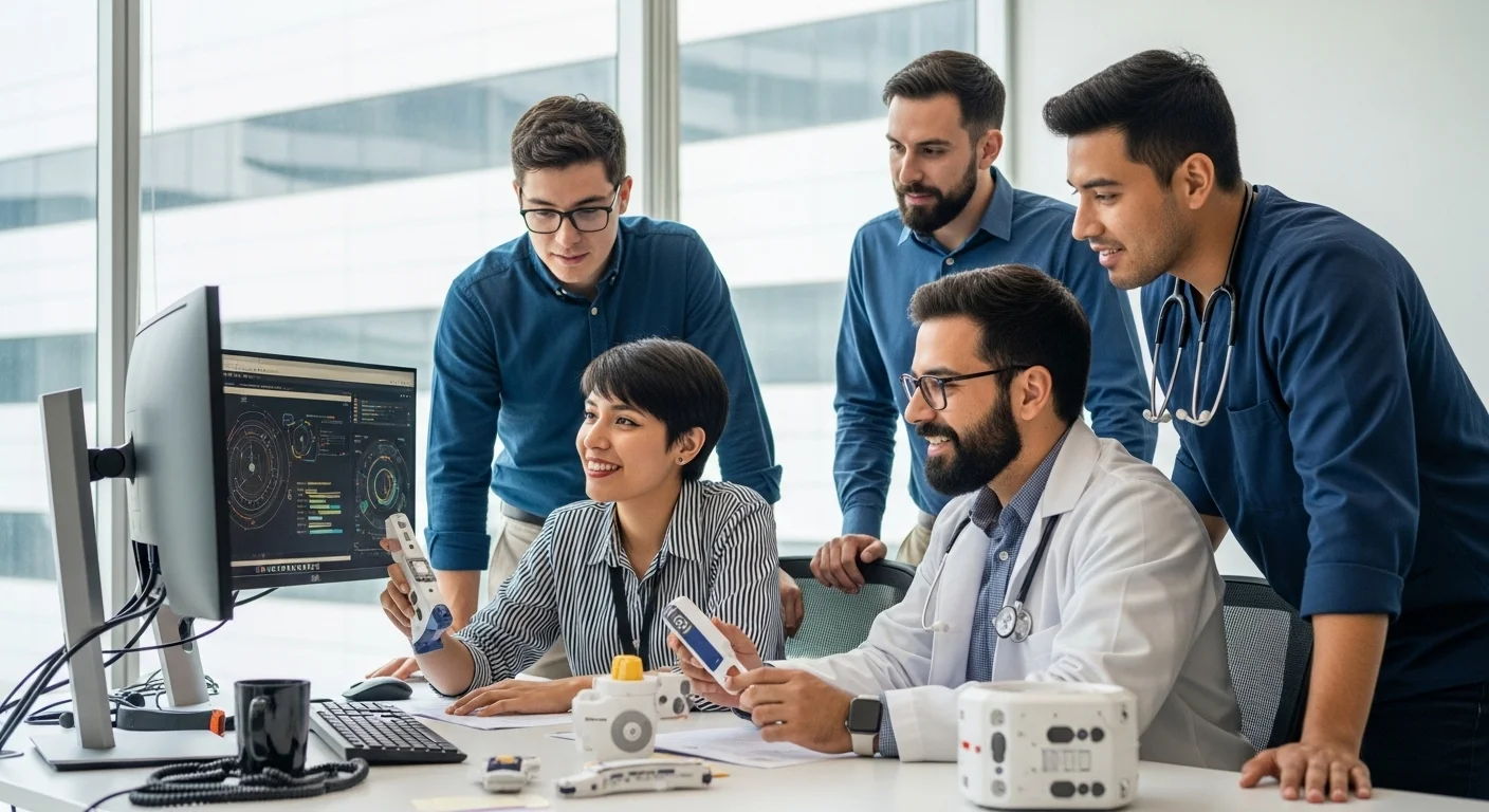Un equipo diverso de jóvenes profesionales, incluyendo médicos e ingenieros, colaborando en una oficina moderna en México, desarrollando una startup de salud con prototipos y datos en pantalla.