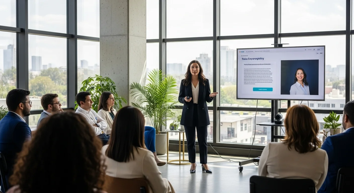 Una emprendedora social mexicana presentando su proyecto innovador a un grupo de inversores de impacto en un evento de startups.