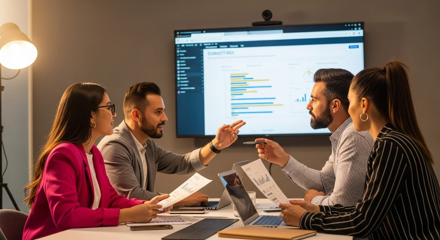 Equipo de una startup mexicana en una reunión de trabajo, discutiendo los resultados de encuestas online para la toma de decisiones estratégicas.