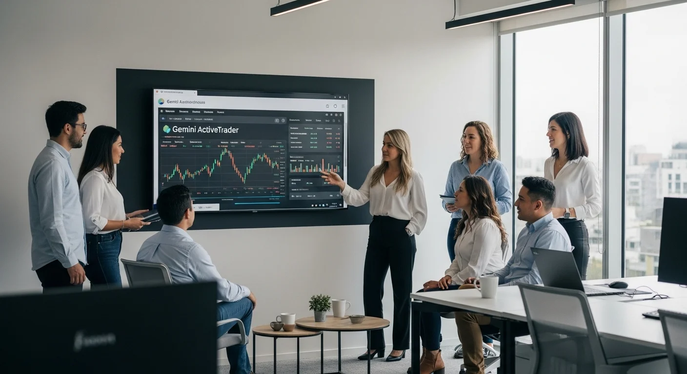 Un equipo diverso de una startup mexicana en una oficina moderna, colaborando frente a pantallas que muestran datos financieros y la interfaz de Geminis ActiveTrader, representando la innovación en FinTech.