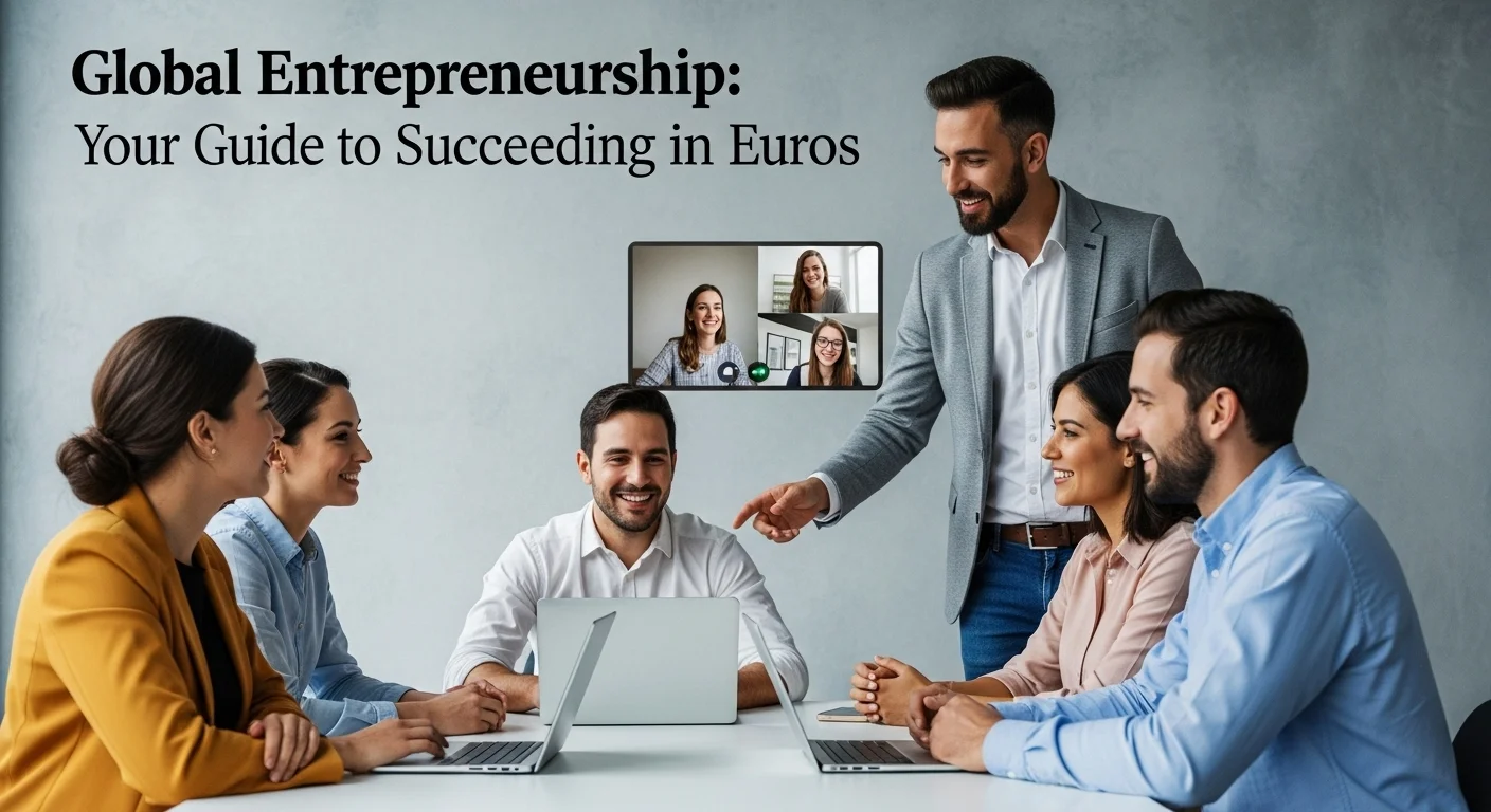 Equipo de una startup mexicana en una videoconferencia con socios europeos, discutiendo estrategias de crecimiento y financiamiento en Euros.