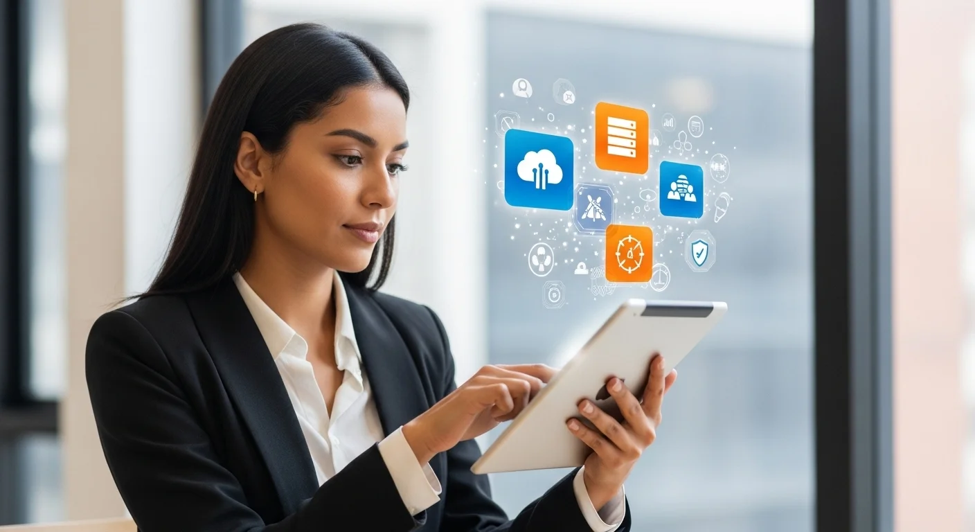 Primer plano de una persona utilizando una tableta para gestionar servicios de transformación digital online, con íconos de nube, datos y seguridad flotando sobre la pantalla.