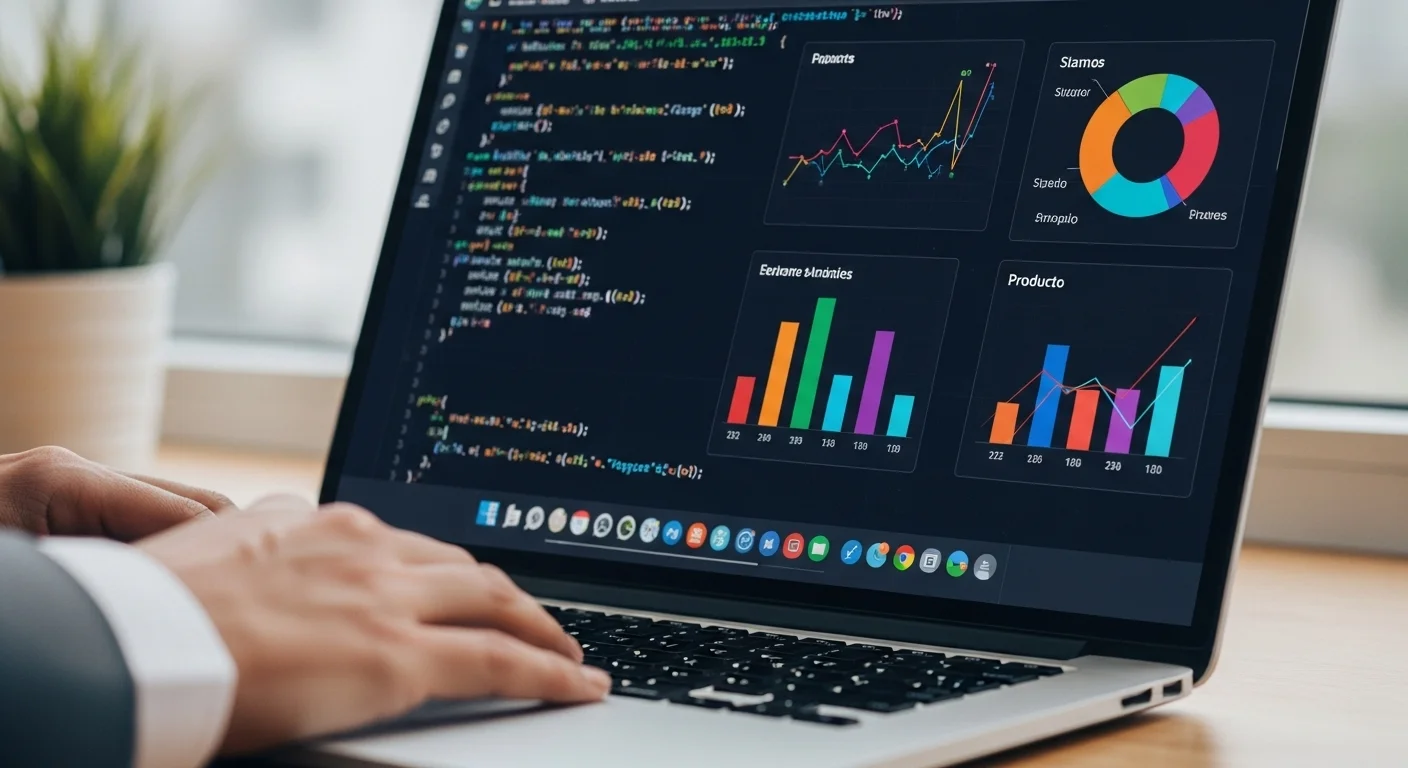 Primer plano de una pantalla mostrando código y gráficos de una startup tecnológica, simbolizando el desarrollo de ideas innovadoras para emprender.