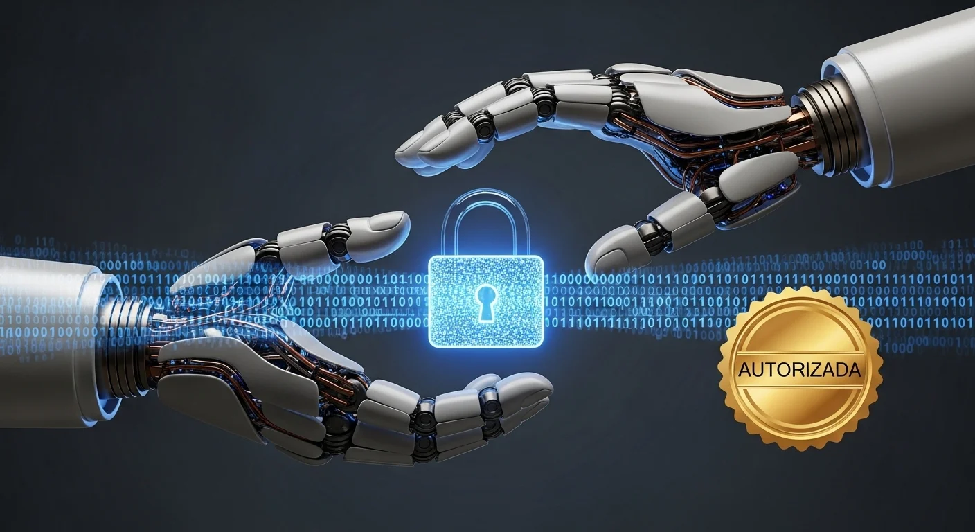 Una ilustración de dos manos robóticas intercambiando datos de forma segura, con un candado digital y el sello de 'autorizada', representando la seguridad en las fintechs B2B autorizadas.