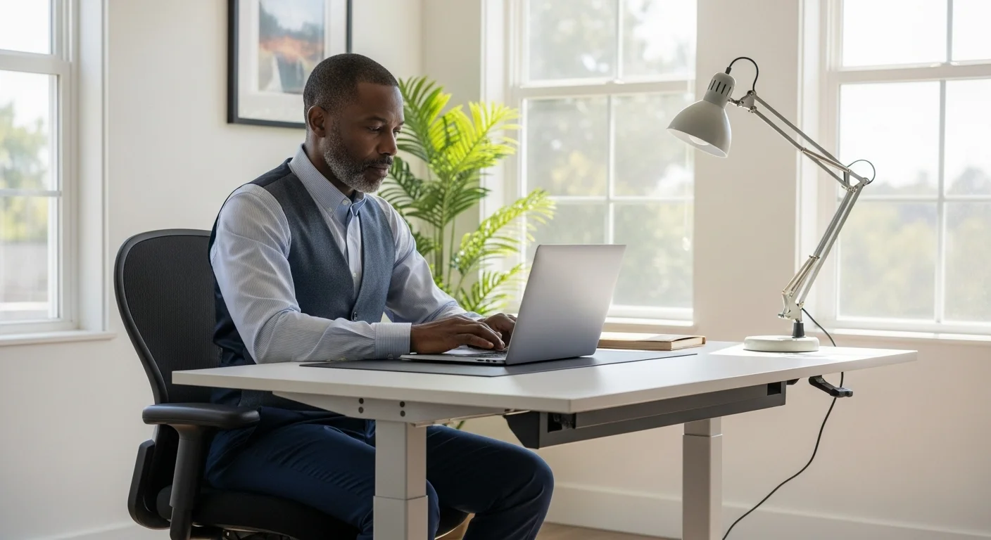 Emprendedor usando laptop en un escritorio ergonómico en casa, simbolizando el modelo híbrido teletrabajo y el cumplimiento de la NOM-037 en México.