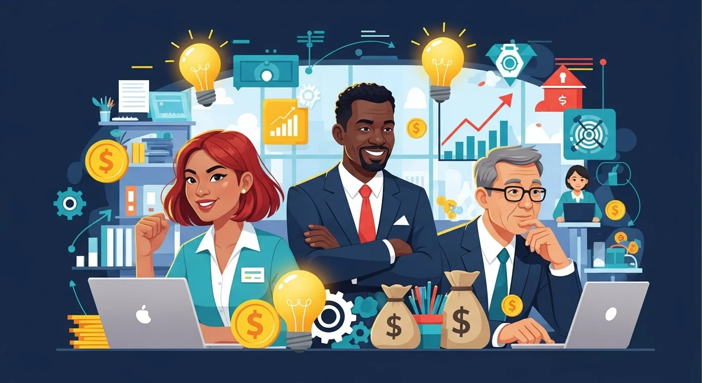 Ilustración diversa que muestra diferentes perfiles de emprendedores colaborando, con íconos de innovación, financiamiento y crecimiento.