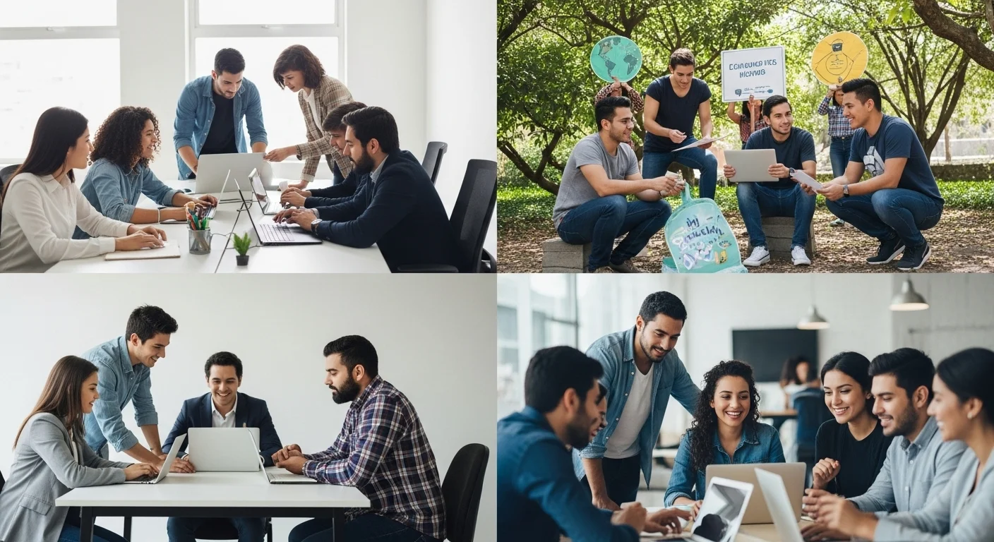 Collage de imágenes que muestra diferentes tipos de emprendimiento en México, incluyendo una startup tecnológica, un negocio social y jóvenes emprendedores colaborando.