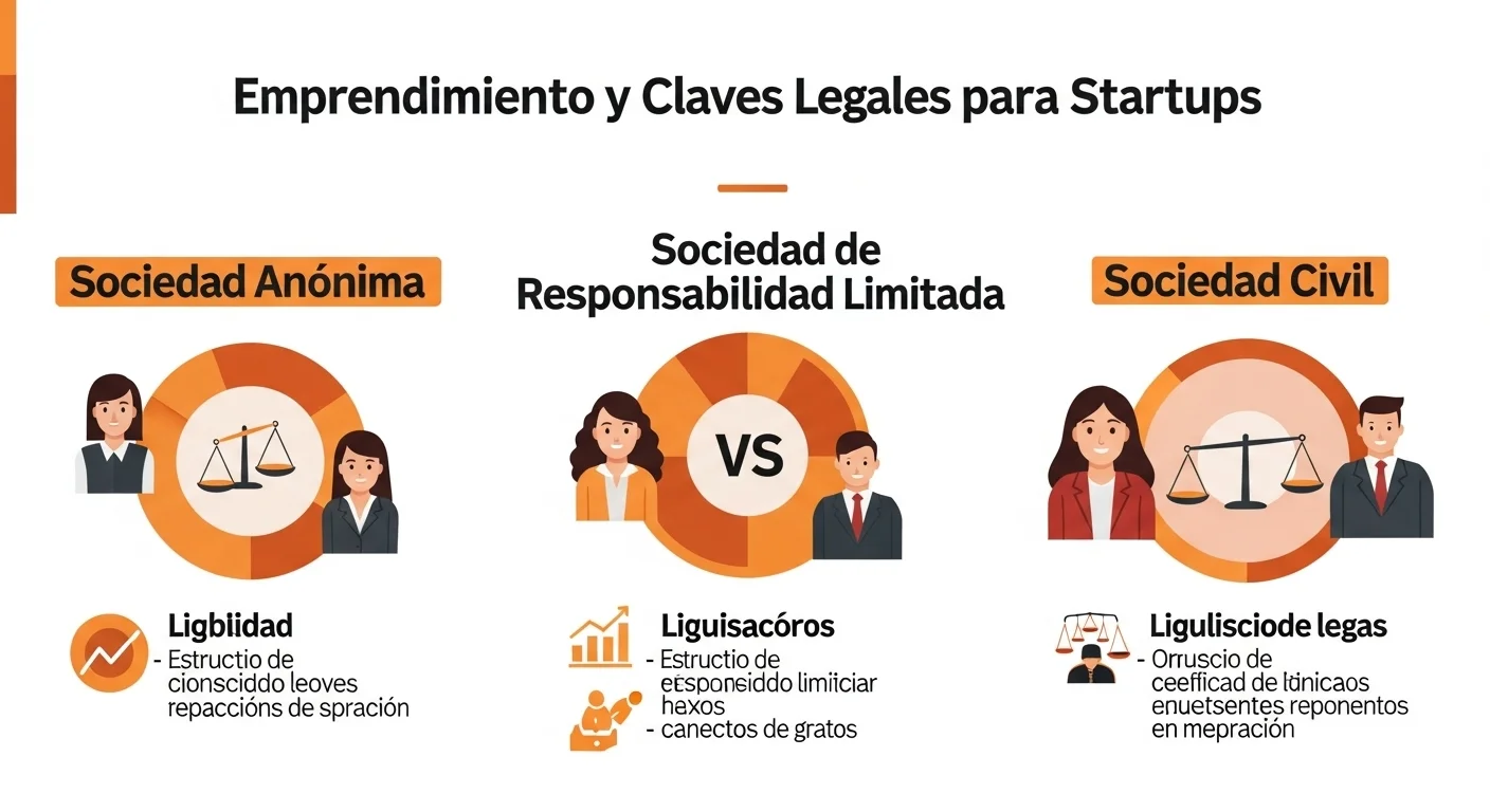 Infografía mostrando las diferencias clave entre Sociedad Anónima, Sociedad de Responsabilidad Limitada y Sociedad Civil en México.