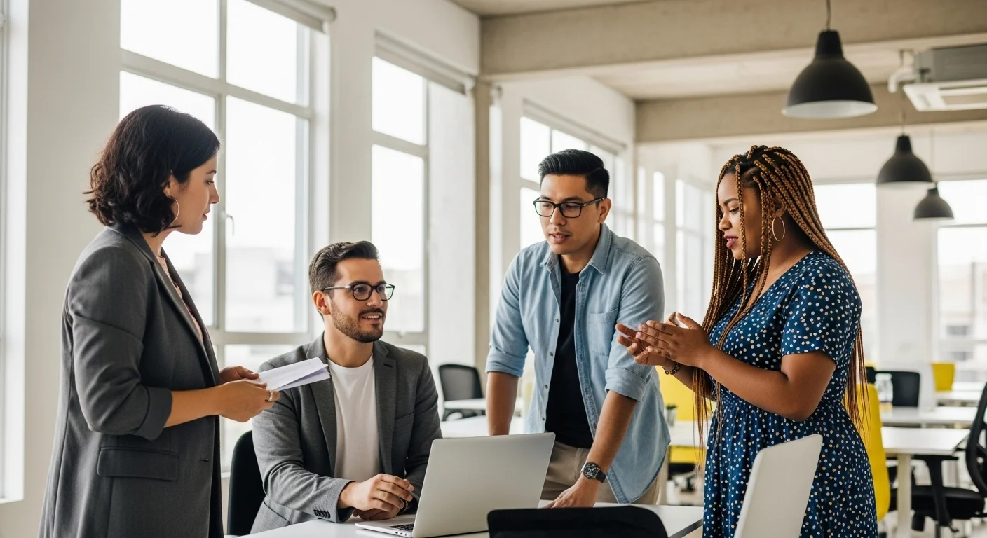 Equipo de una startup mexicana diversa colaborando en un espacio de oficina moderno y flexible, simbolizando el hibrido significado en el emprendimiento.